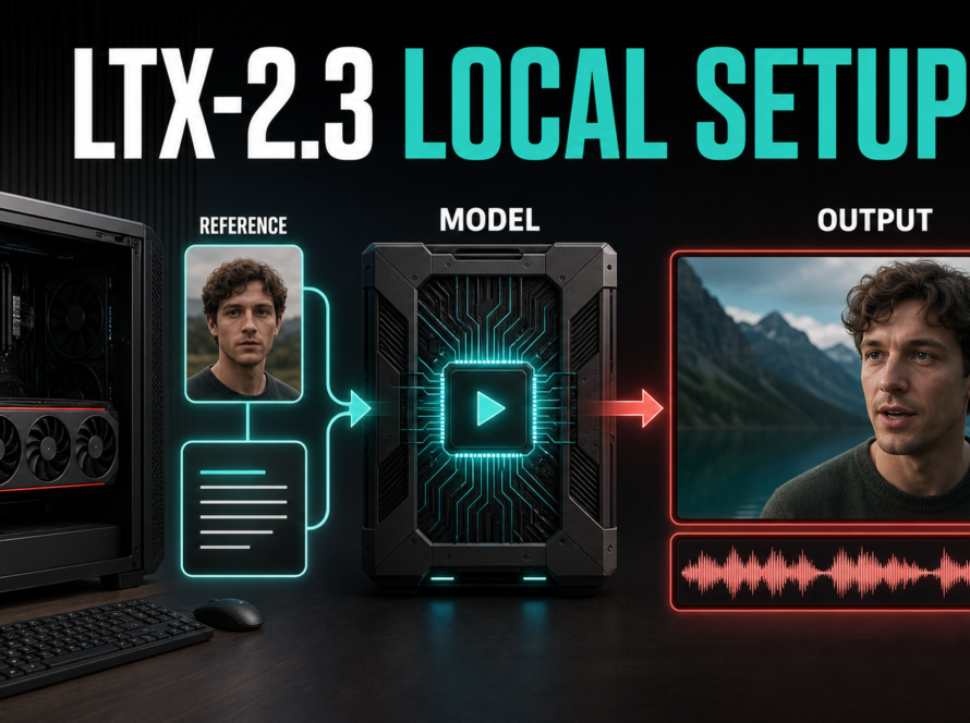 LTX-2.3 local setup workflow with GPU, reference image, model, video output, and audio waveform