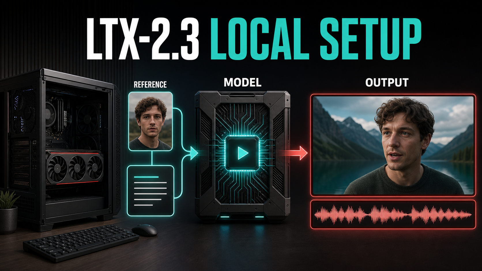 LTX-2.3 local setup workflow with GPU, reference image, model, video output, and audio waveform