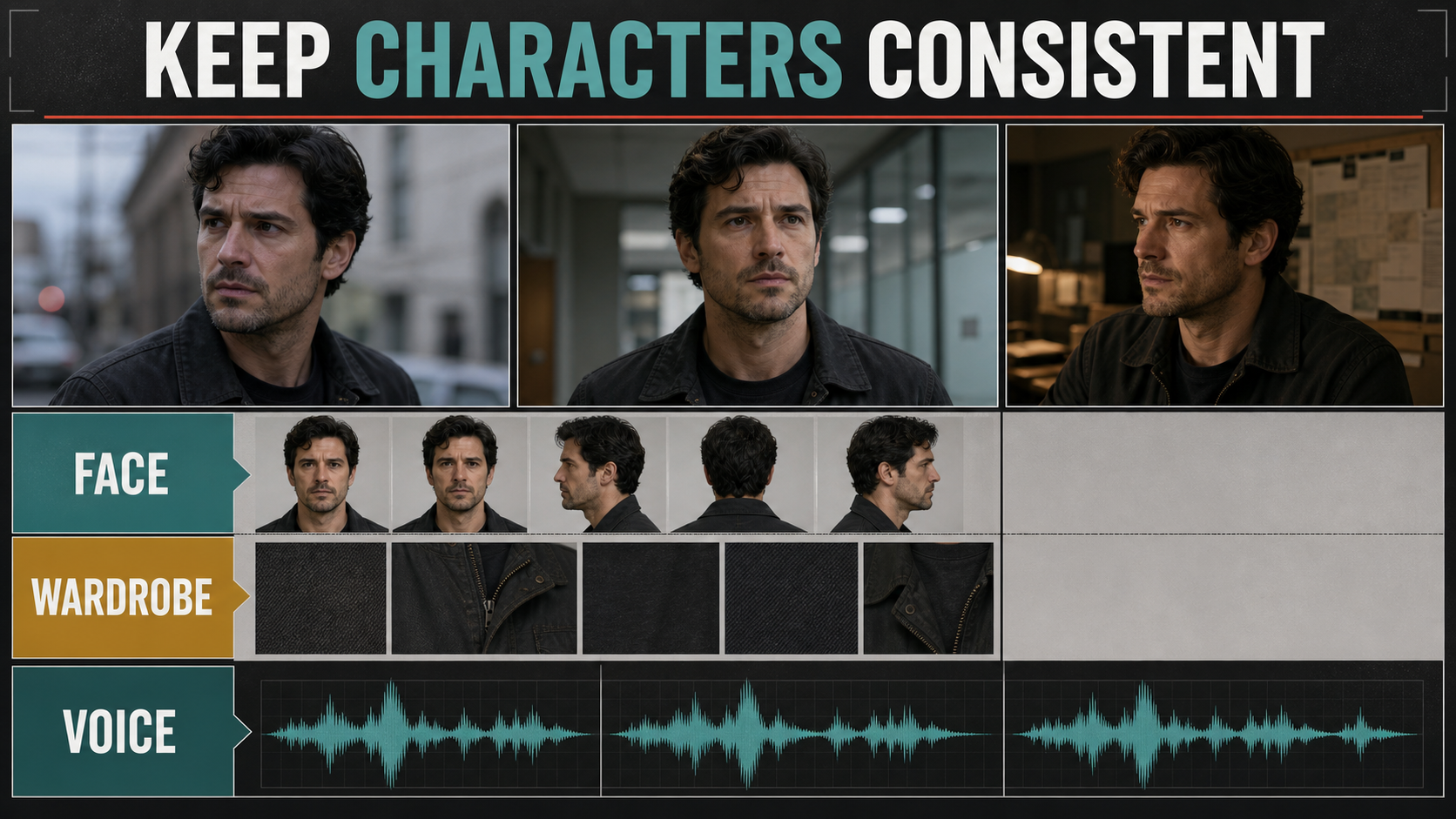 Character consistency board comparing face, wardrobe, and voice across AI video scenes
