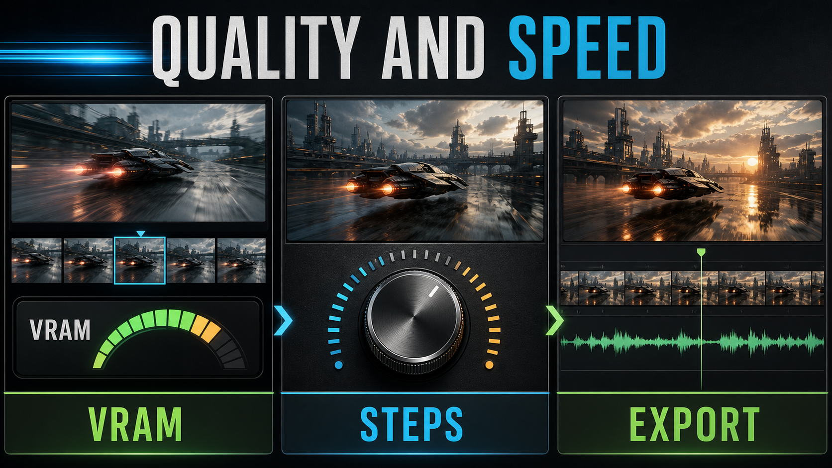 AI video quality and speed comparison using VRAM, inference steps, and export stages