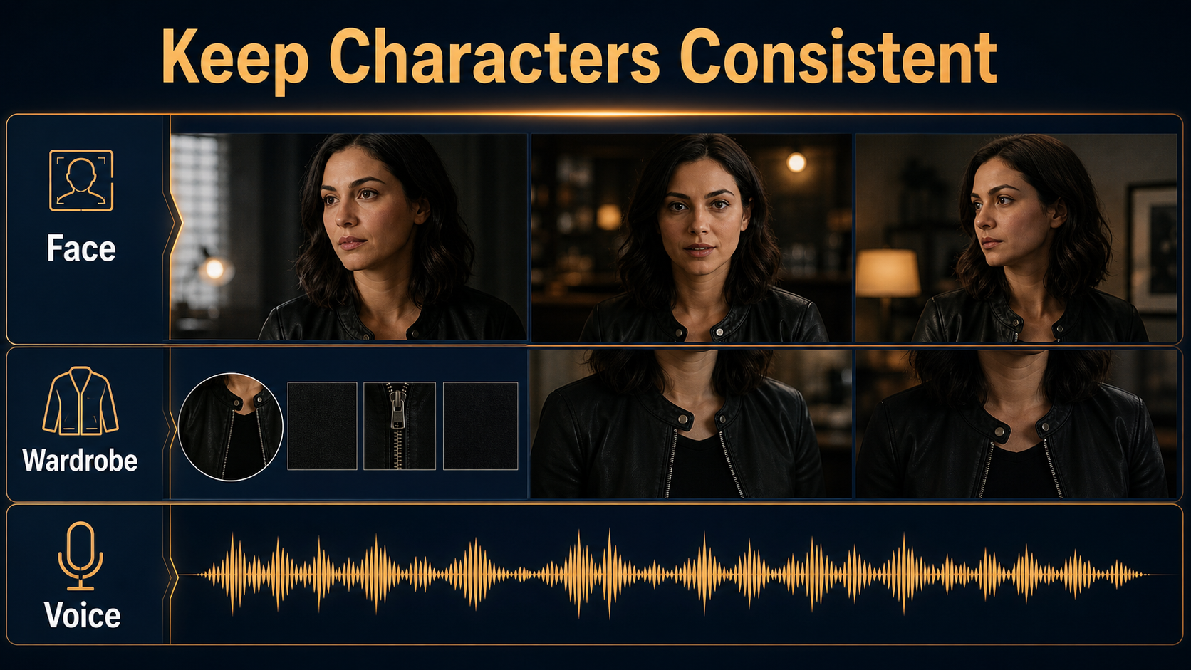 Character face wardrobe and voice continuity checklist