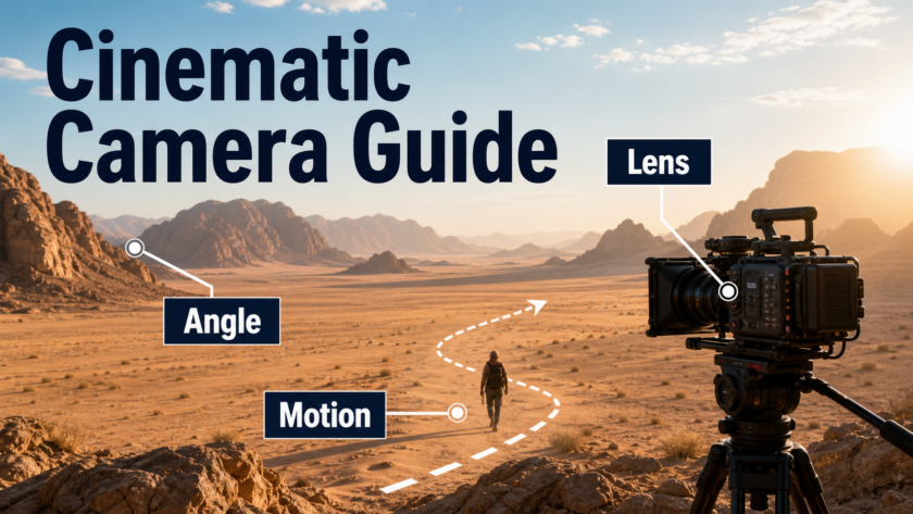 Wide shot film set showing camera angle, lens, and motion across a desert landscape