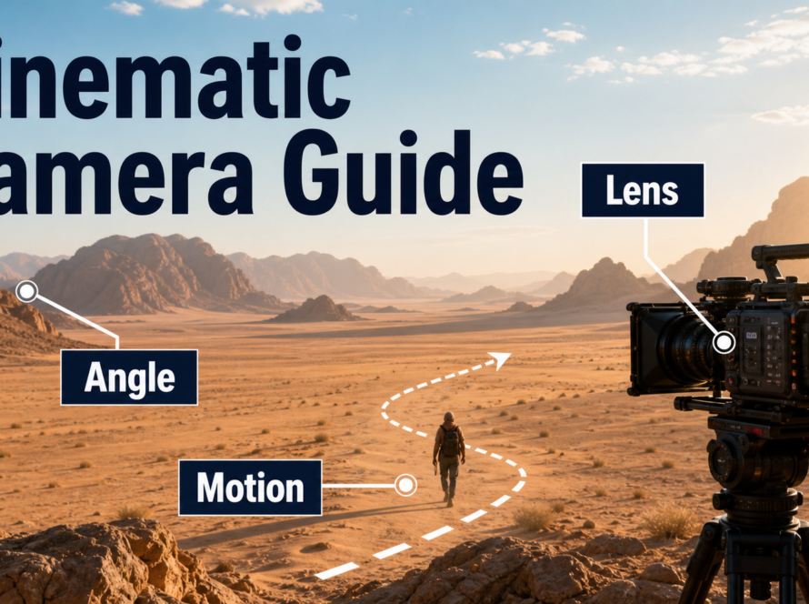Wide shot film set showing camera angle, lens, and motion across a desert landscape