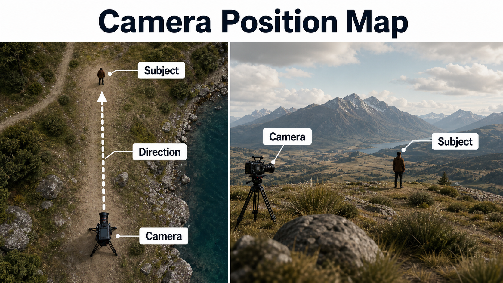 Top-down and side-view camera position map for an AI video wide shot