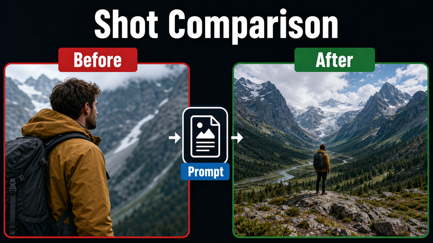 Before and after comparison of cramped framing and a successful mountain wide shot