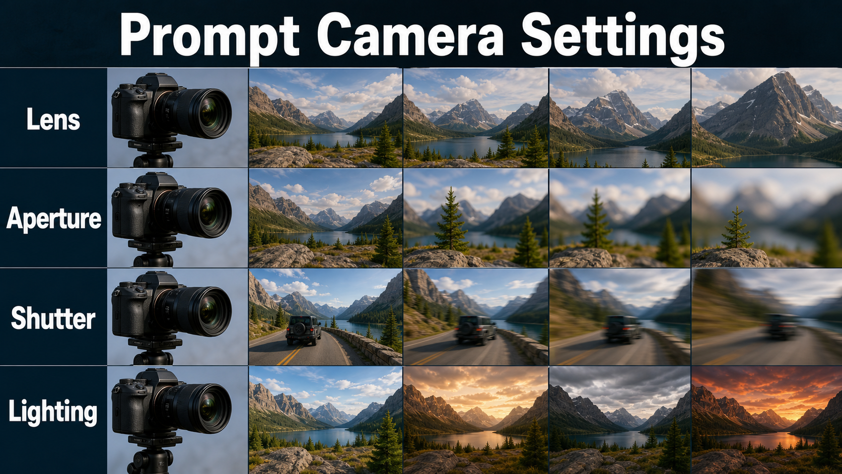 Wide-shot camera settings comparison for lens, aperture, shutter, and lighting