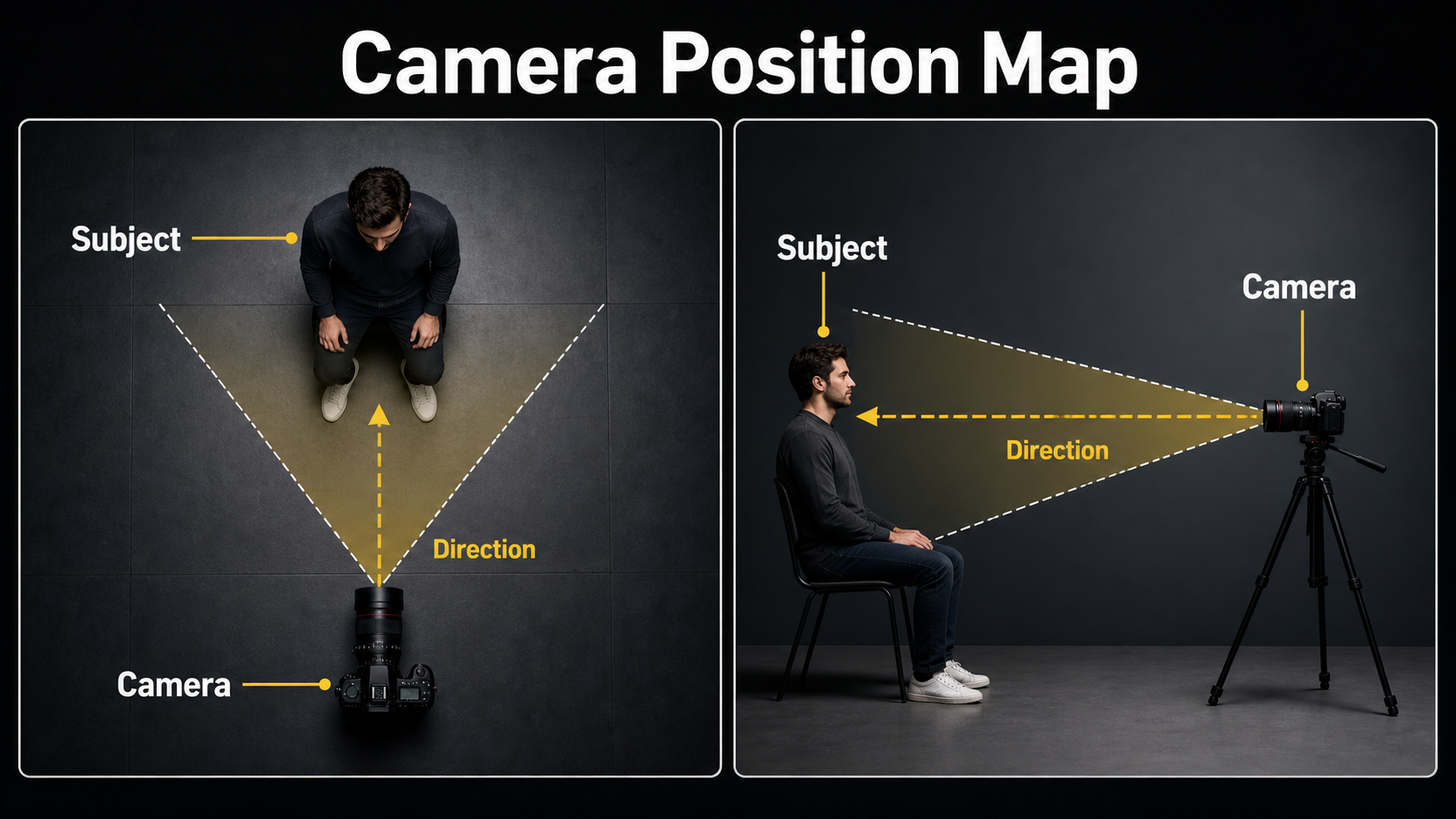 Top-down and side-view medium shot camera position map