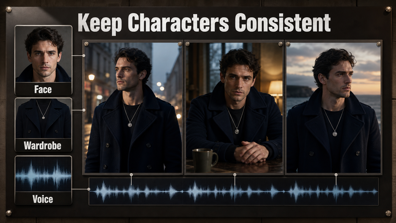 Character continuity board comparing face wardrobe and voice identity