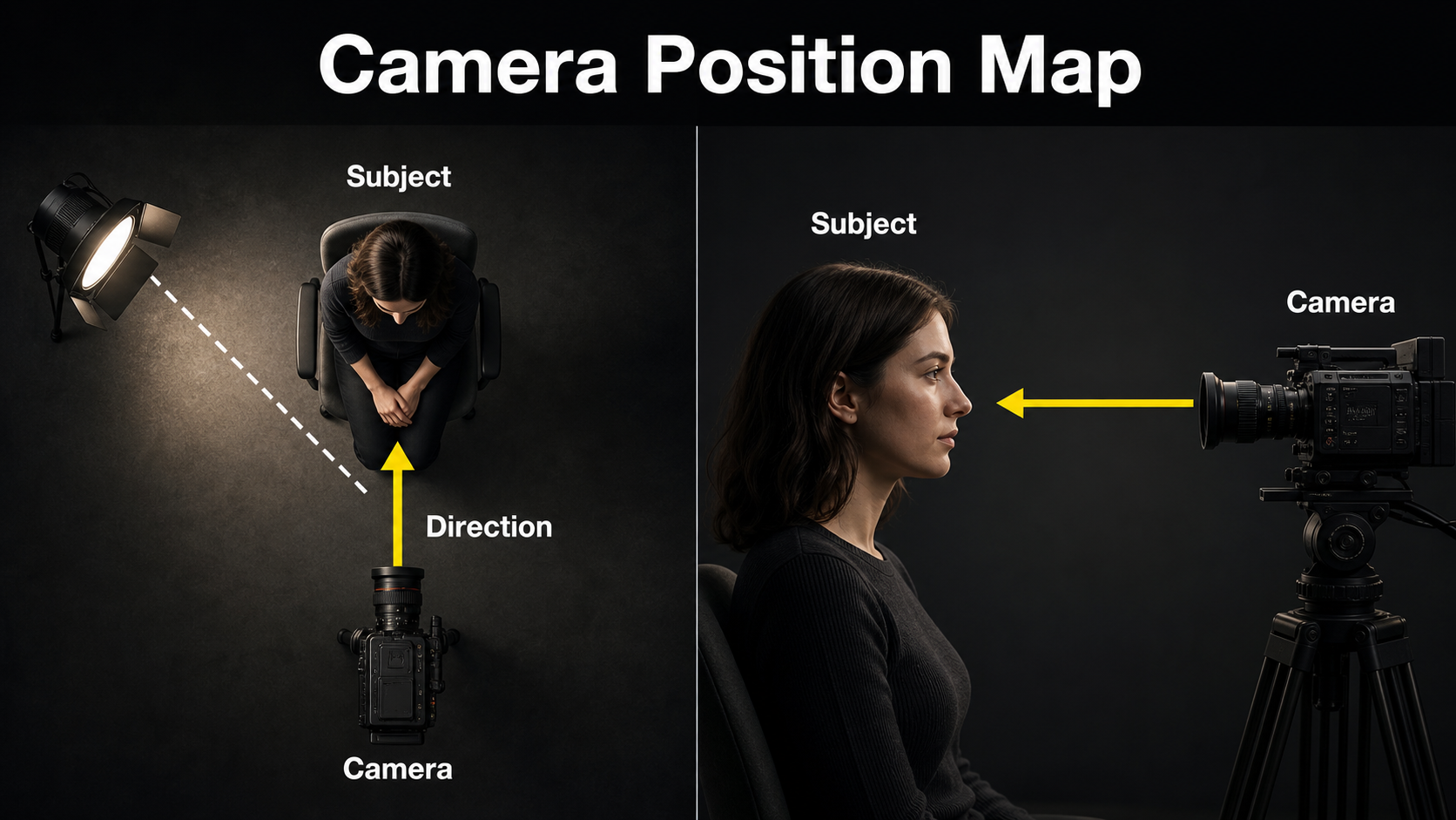 Top and side views of camera placement for an eye-level close-up