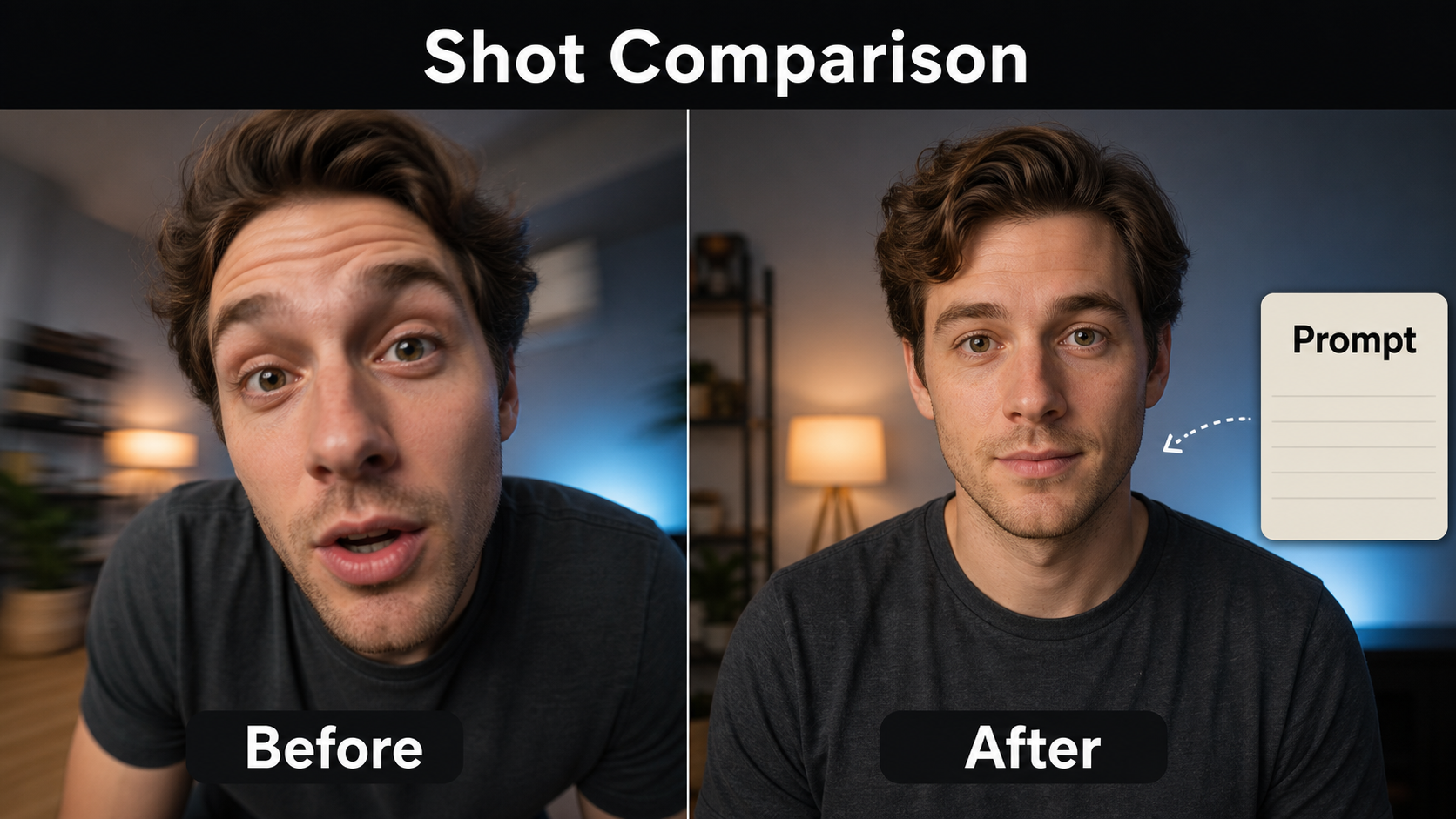 Before and after AI video close-ups comparing wide-lens distortion with a stable portrait