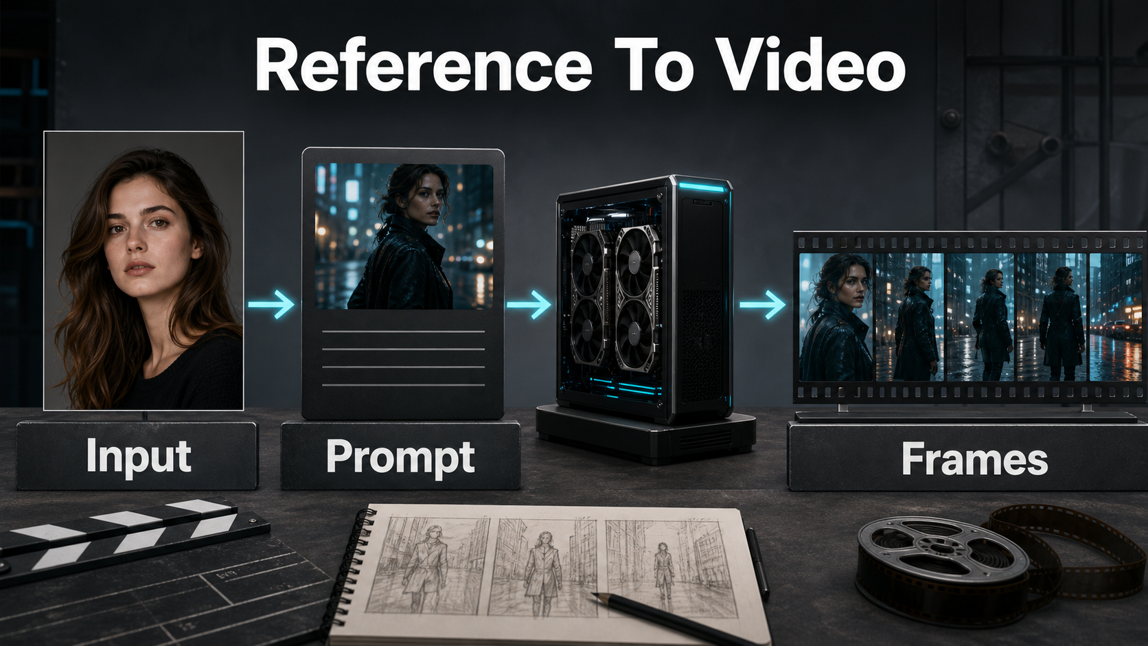 Reference-to-video pipeline showing input prompt processing and coherent generated frames