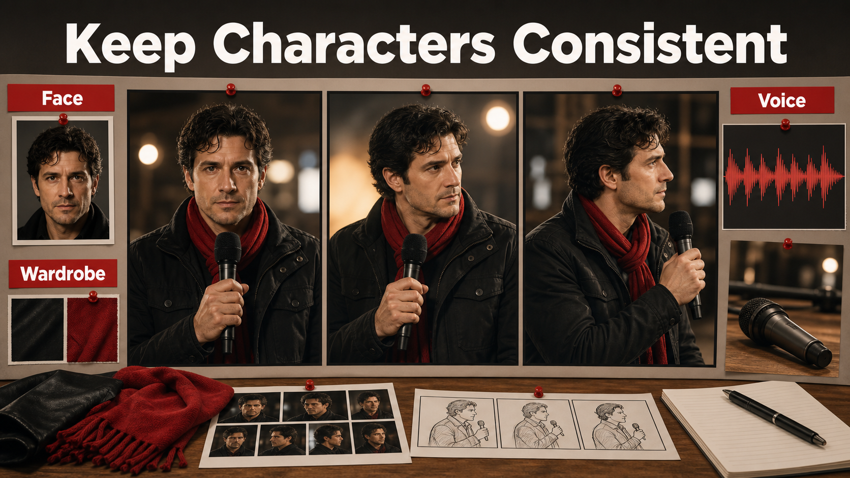 Character continuity board for face wardrobe prop and separately managed voice