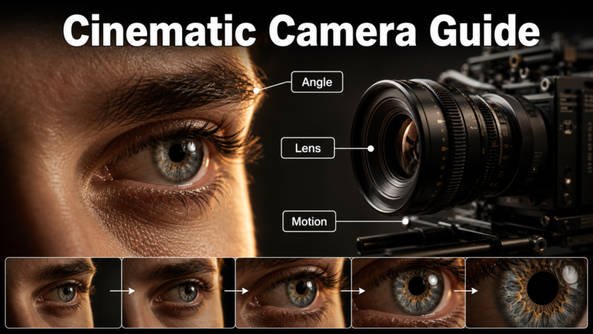 Extreme close-up AI video guide showing an eye, cinema camera, lens, angle, and motion
