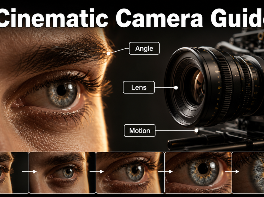 Extreme close-up AI video guide showing an eye, cinema camera, lens, angle, and motion