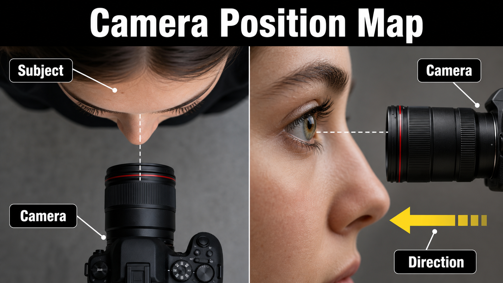 Top and side camera position map for an extreme close-up