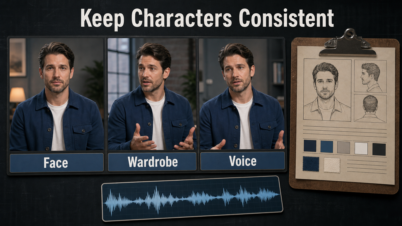 Character continuity board separating face wardrobe and voice identity