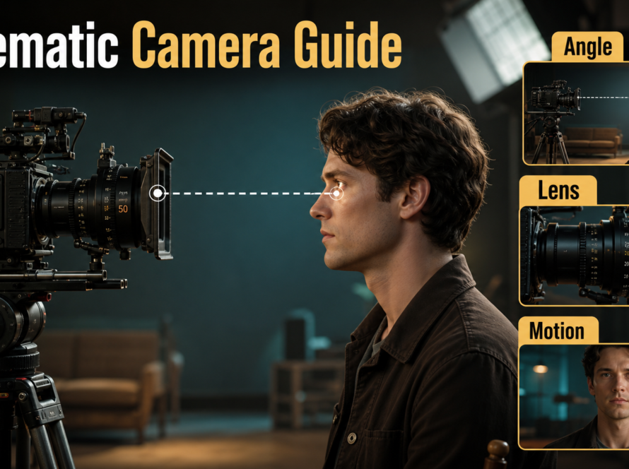 Cinema camera aligned with an actor's eyes for a neutral eye-level AI video shot