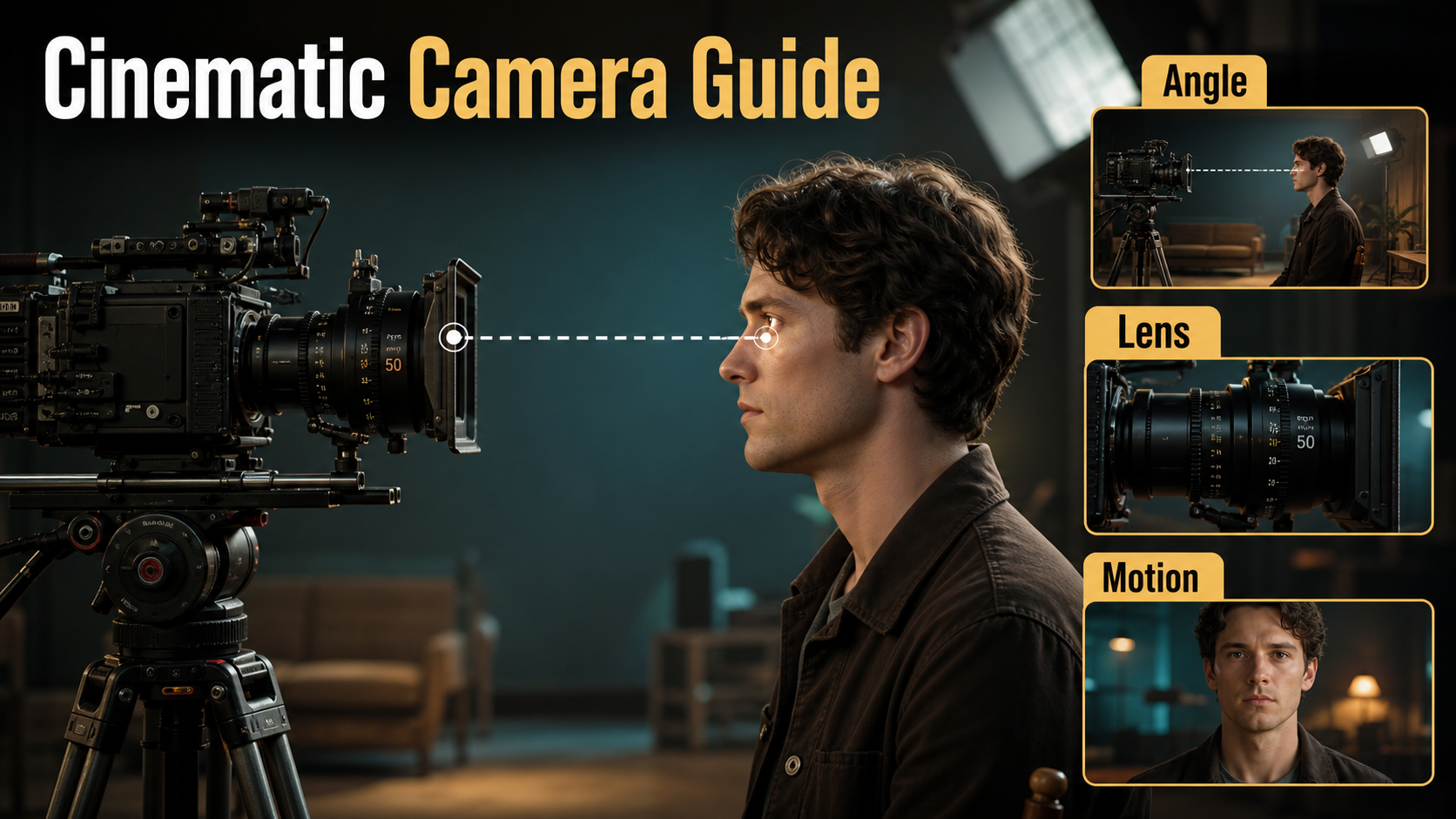 Cinema camera aligned with an actor's eyes for a neutral eye-level AI video shot