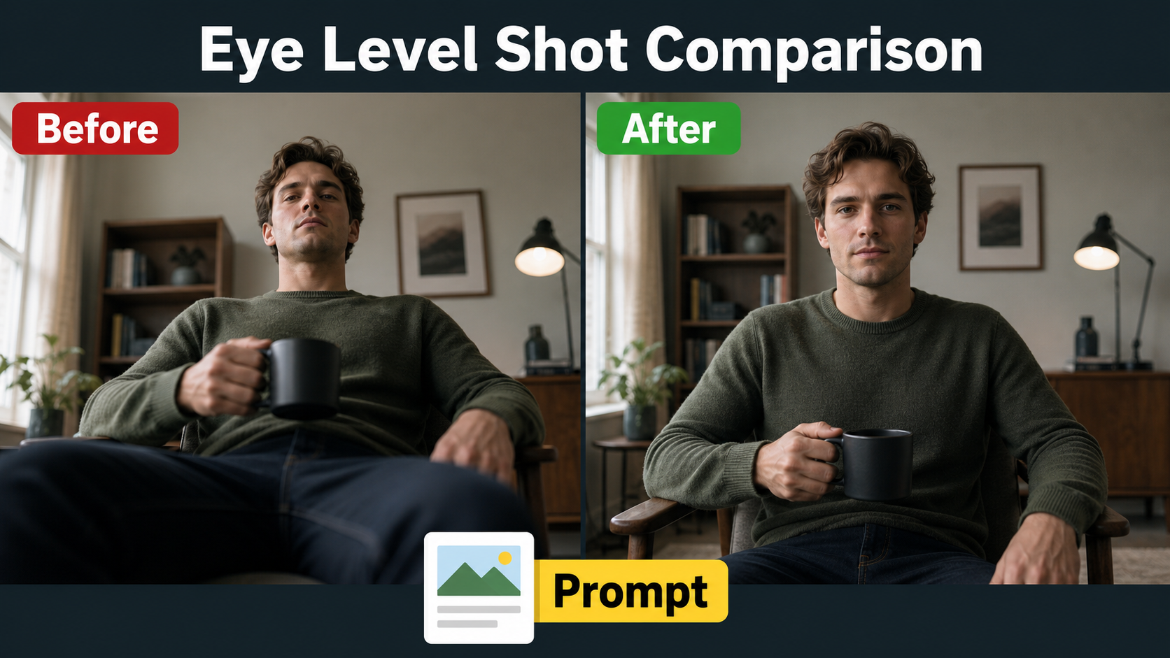 Before and after comparison of low and eye-level AI video reference frames