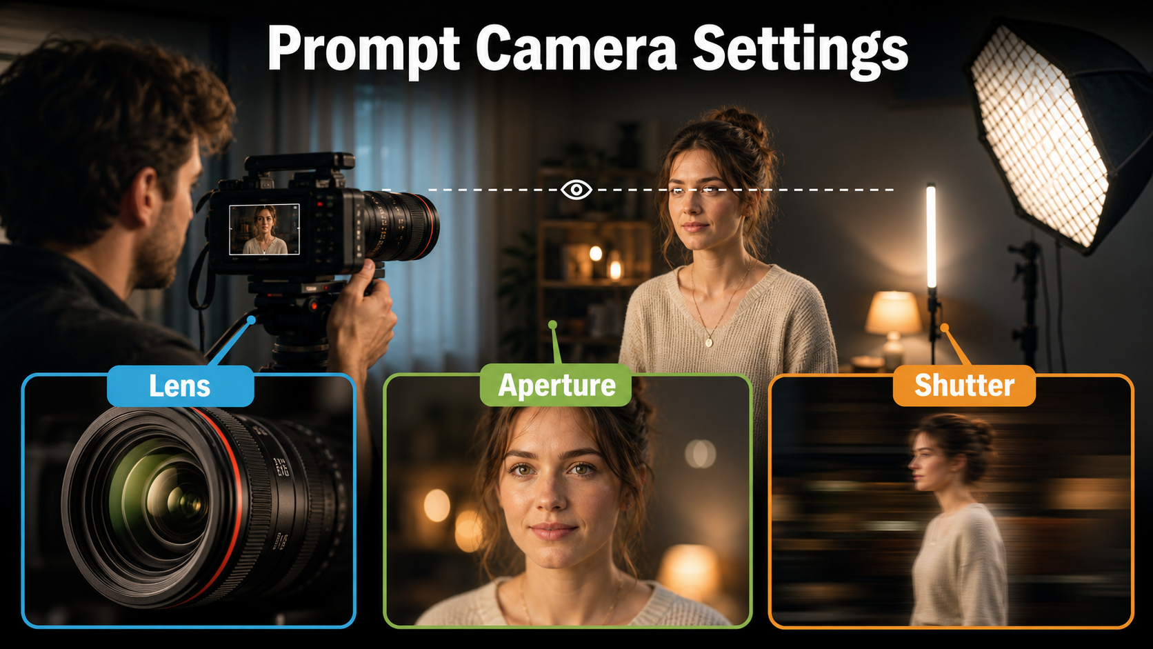 Eye-level portrait setup explaining lens aperture and shutter choices