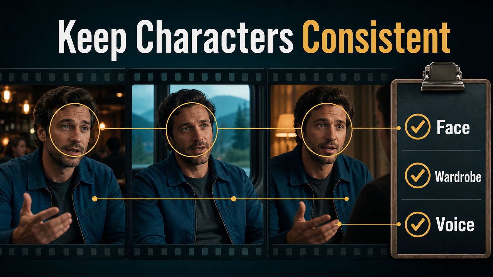 Character continuity check for face wardrobe and voice across shots