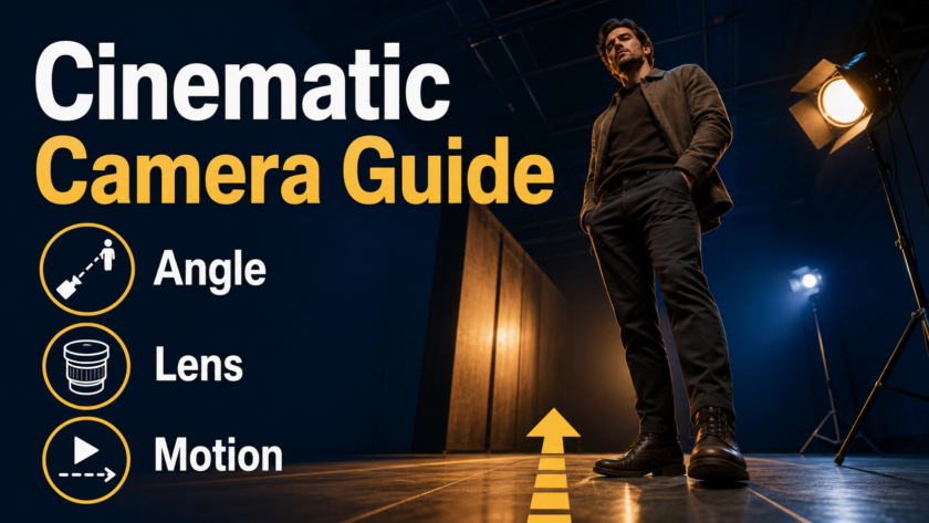 Low-angle AI video camera guide showing angle lens and motion