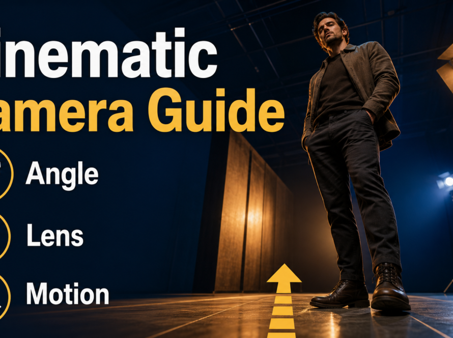 Low-angle AI video camera guide showing angle lens and motion