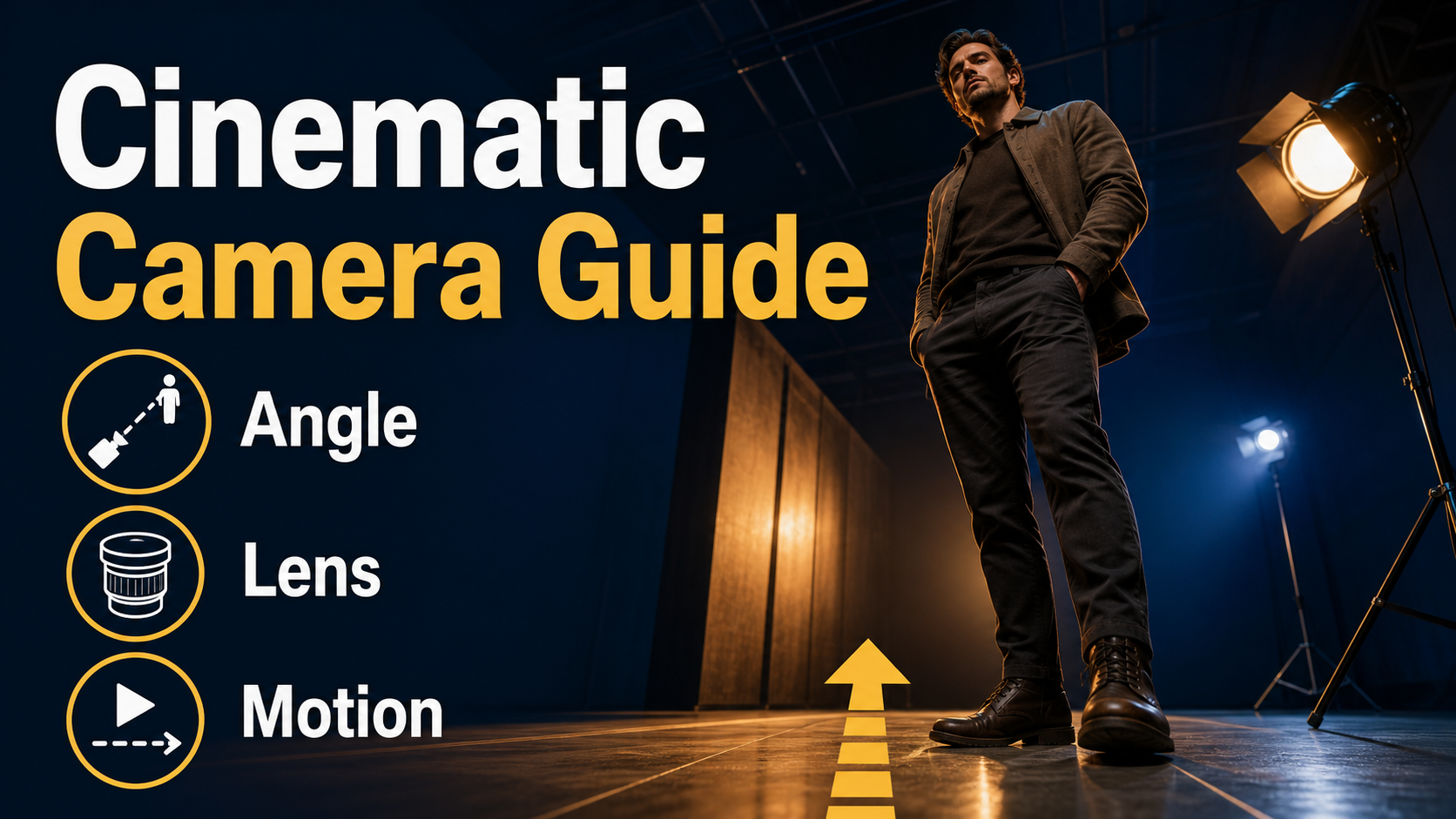 Low-angle AI video camera guide showing angle lens and motion