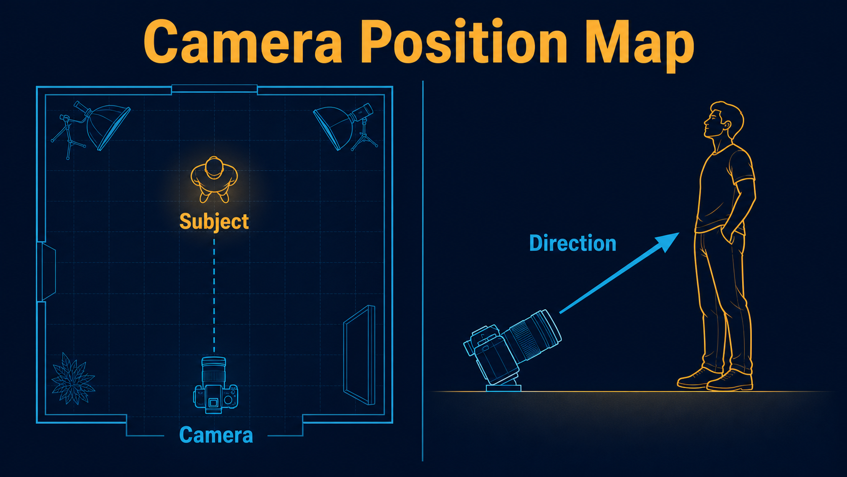 Top-down and side-view low-angle camera position map