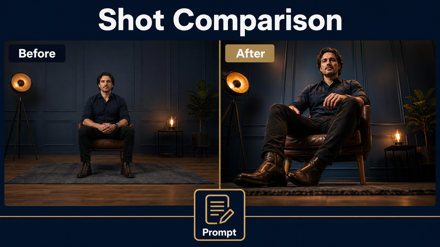 Before and after comparison of eye-level and low-angle AI video shots