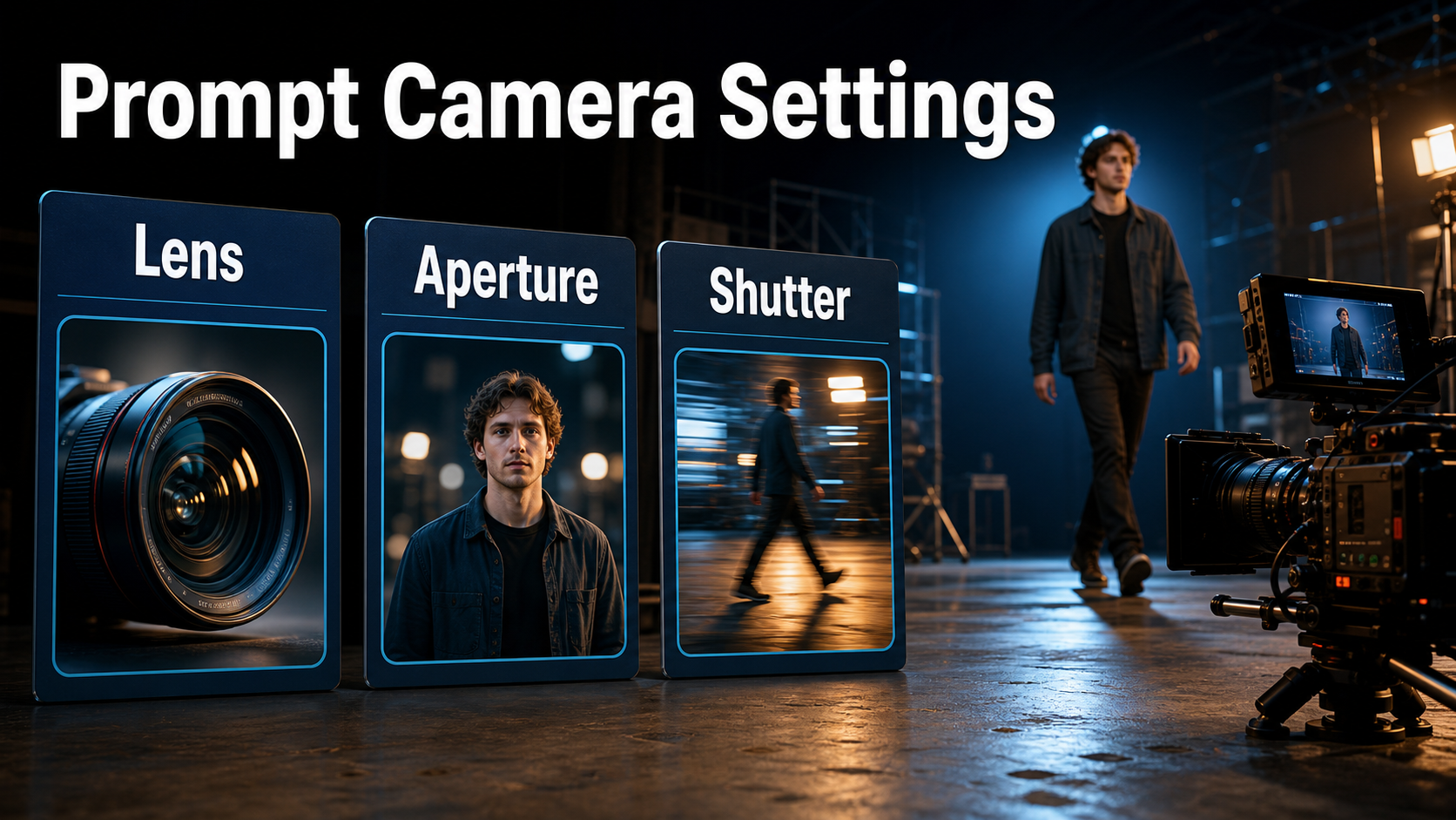 Low-angle AI video prompt settings for lens aperture and shutter