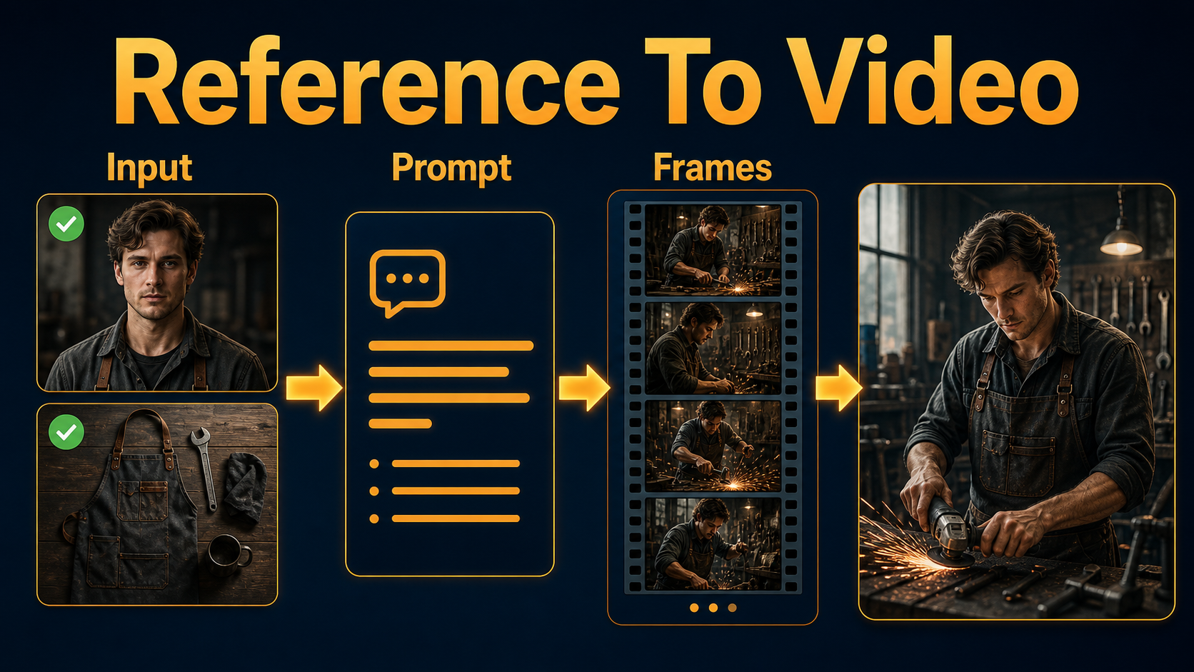 Reference images and prompt flowing into coherent generated video frames