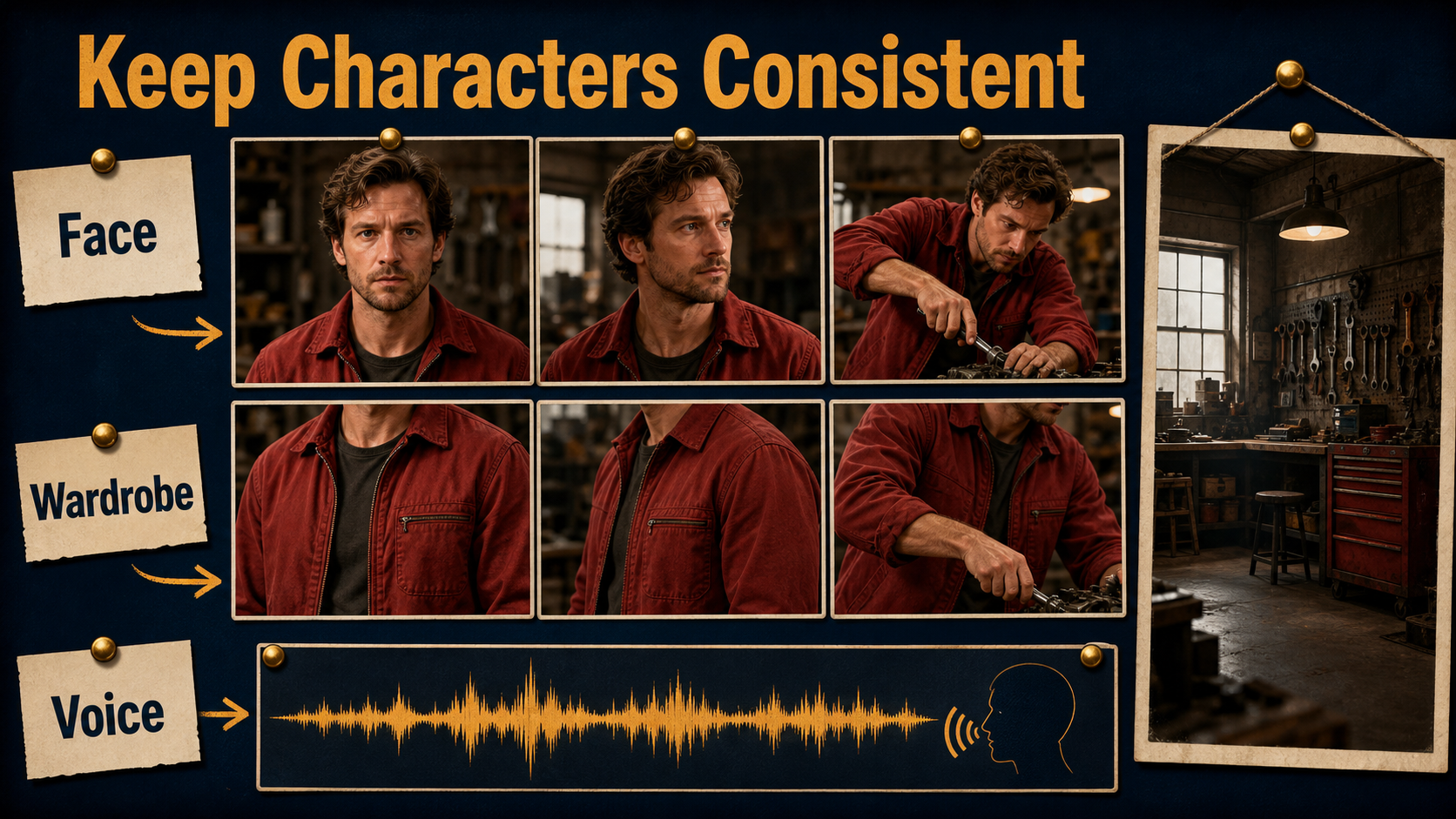 Continuity board comparing face, wardrobe, environment, and separate voice asset