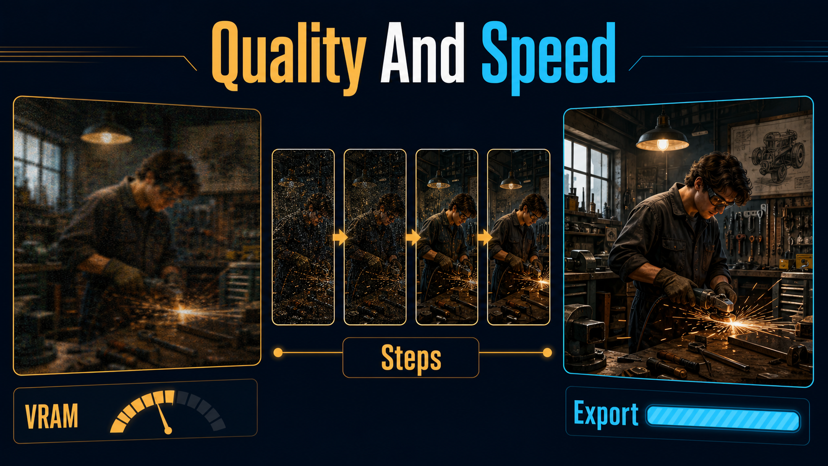 Preview-to-export comparison showing VRAM, inference steps, and approved output