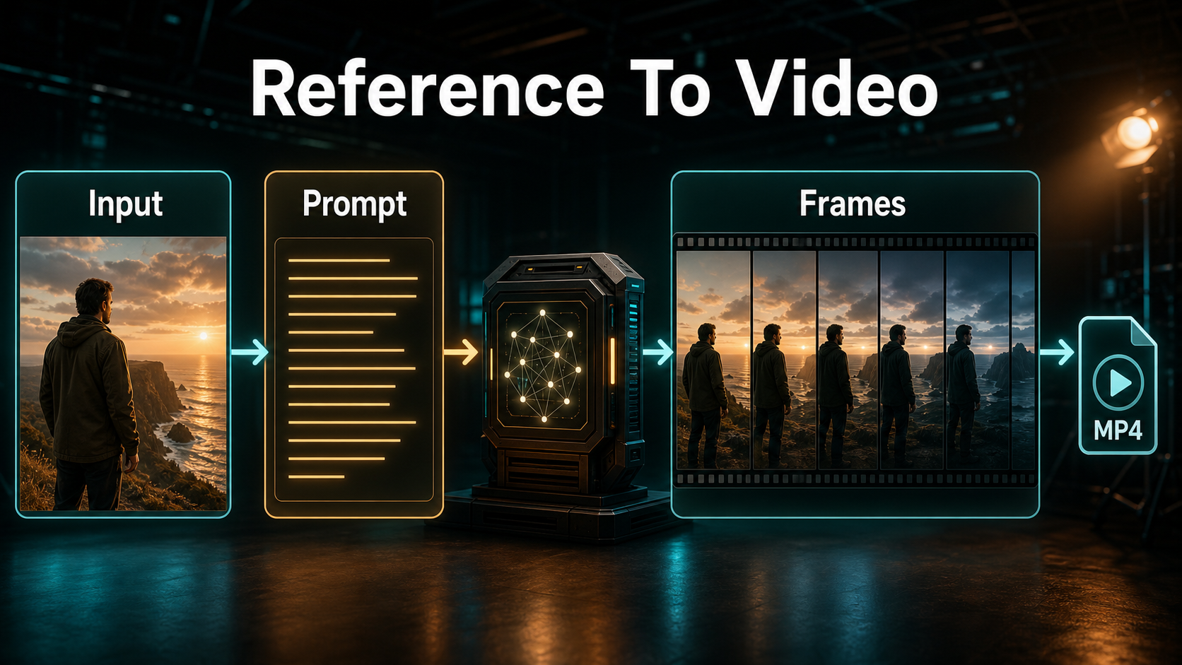 Reference image and prompt flowing through a video model into consistent frames