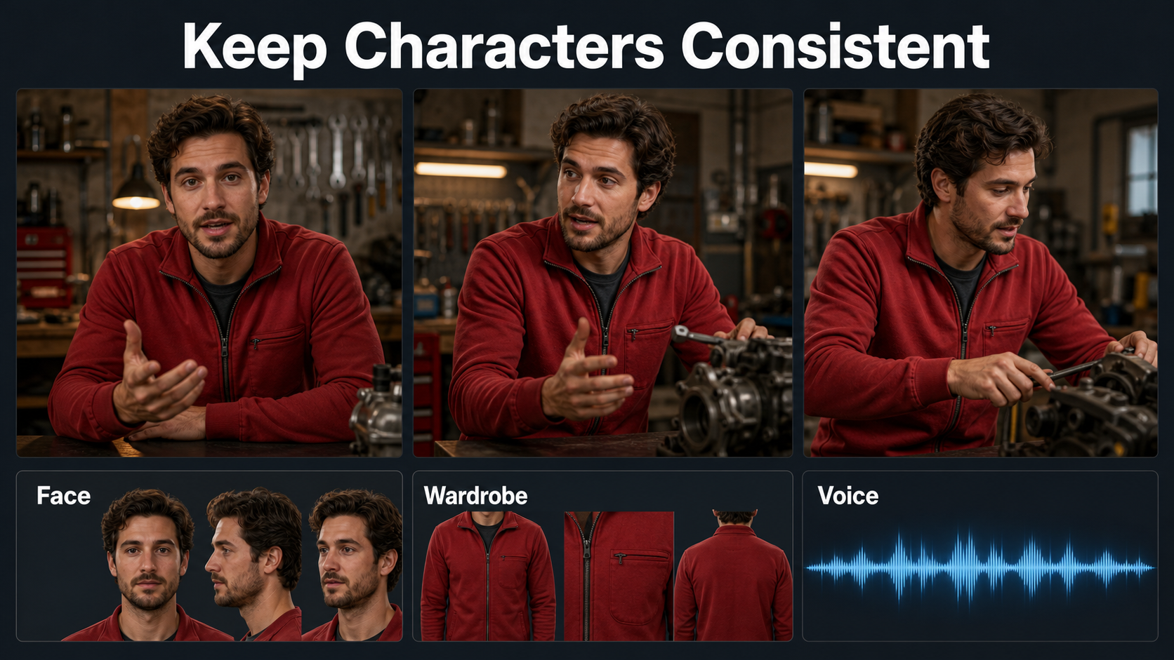 Continuity board checking the same face, red wardrobe, workshop, and separate voice waveform