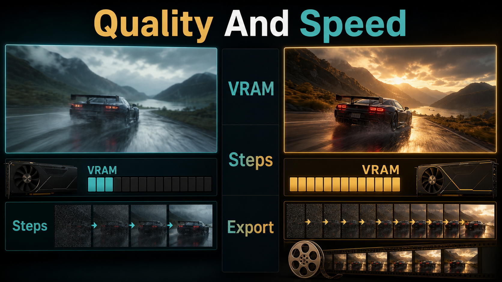 Preview and final AI video renders compared by VRAM, denoising steps, and export quality
