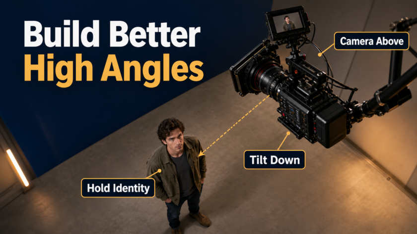 High-angle AI video film set with the camera above the actor