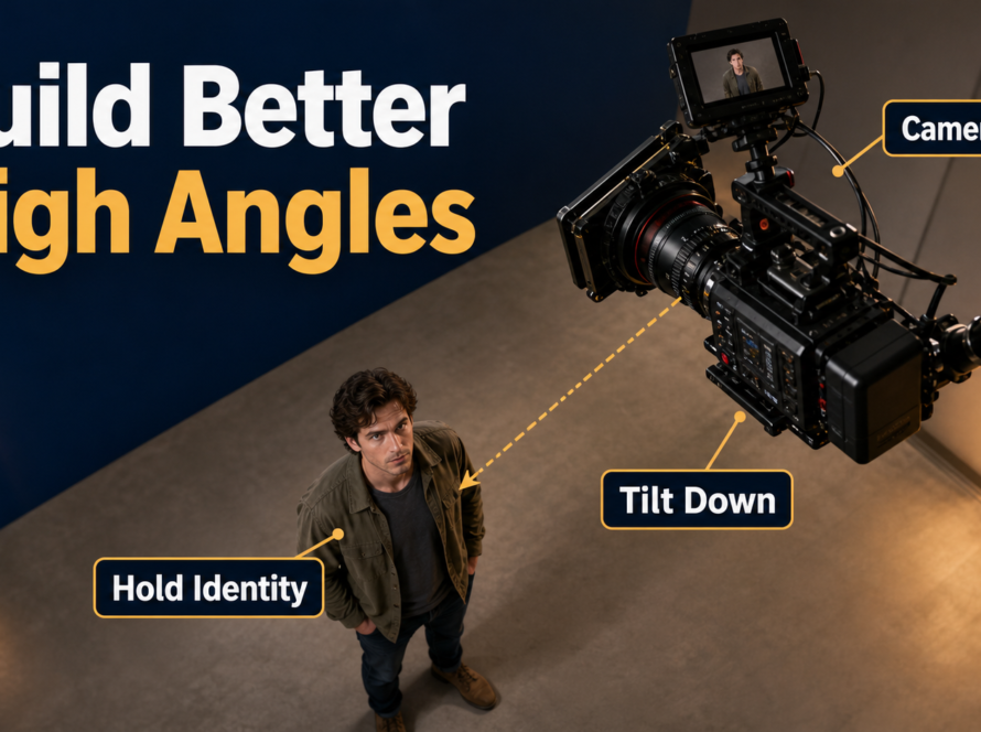 High-angle AI video film set with the camera above the actor
