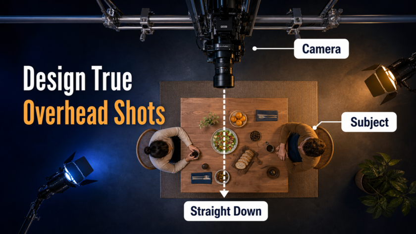 True overhead film set with a camera pointing straight down at a table