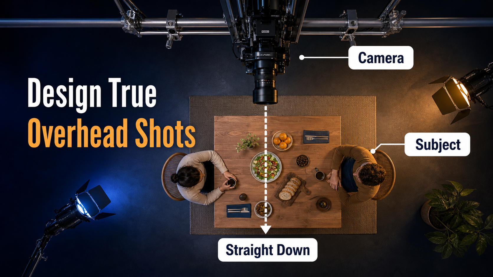 True overhead film set with a camera pointing straight down at a table