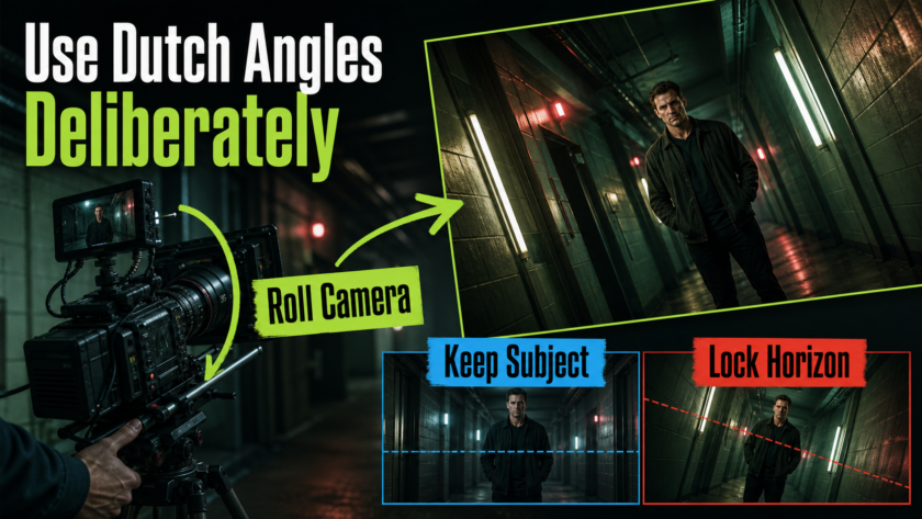 Dutch-angle film set showing camera roll and a diagonal horizon