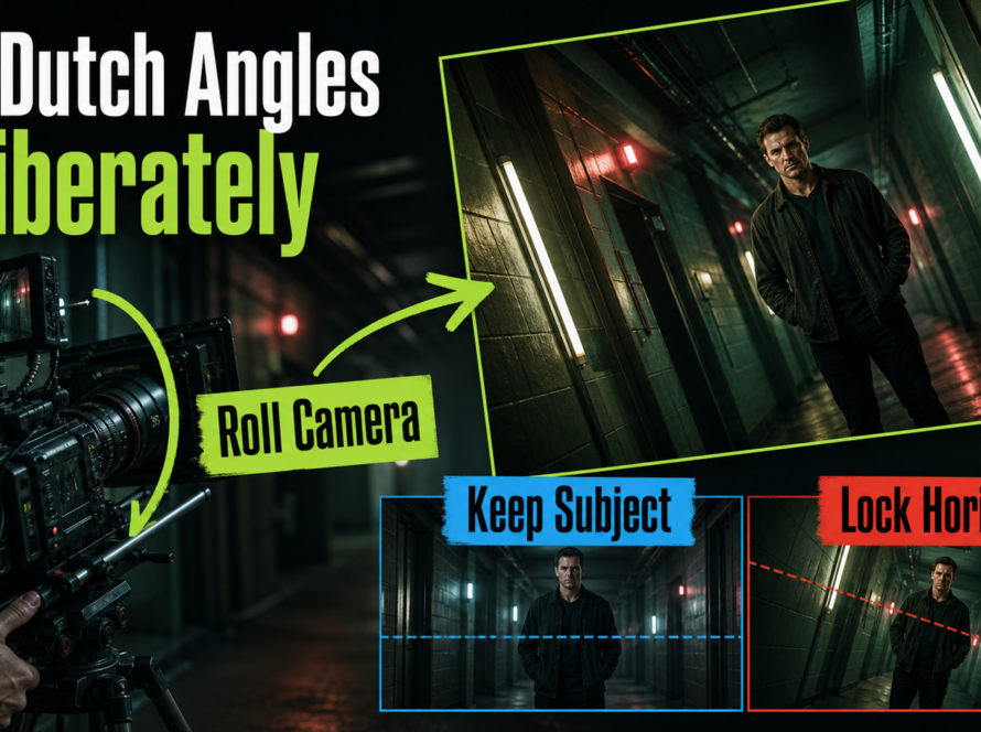 Dutch-angle film set showing camera roll and a diagonal horizon