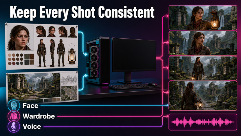 Character and scene reference boards feeding a consistent AI video sequence