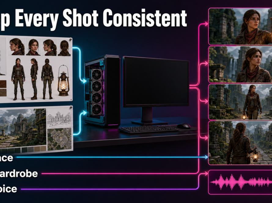 Character and scene reference boards feeding a consistent AI video sequence