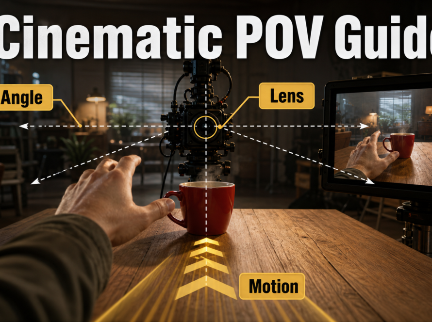 Cinematic point-of-view shot guide showing camera angle lens and forward motion