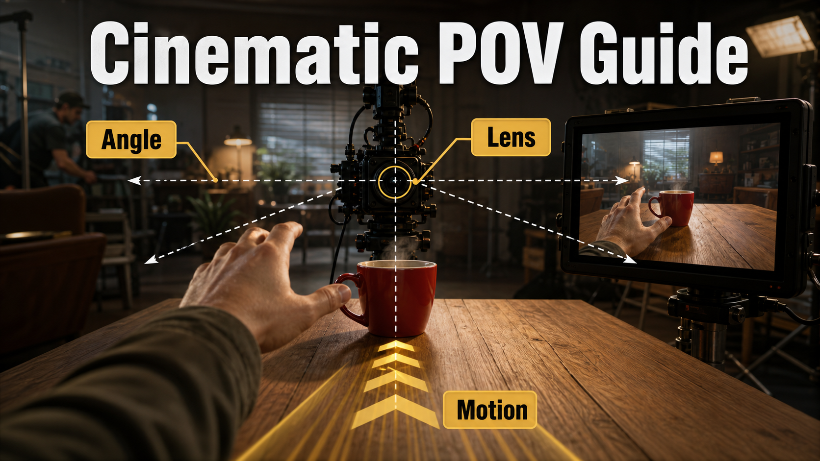 Cinematic point-of-view shot guide showing camera angle lens and forward motion