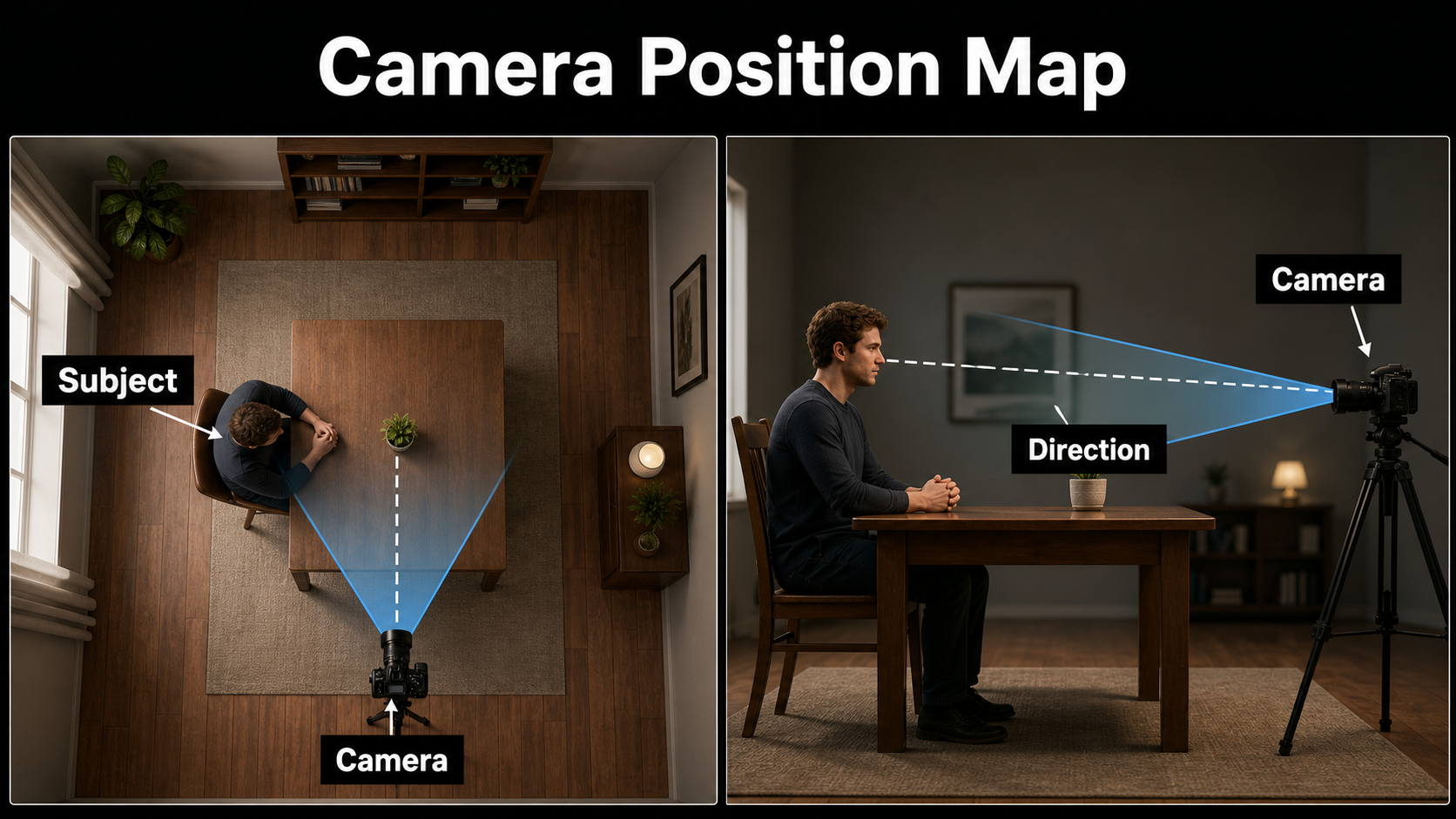 Top-down and side-view map of subject camera and viewing direction for a POV shot