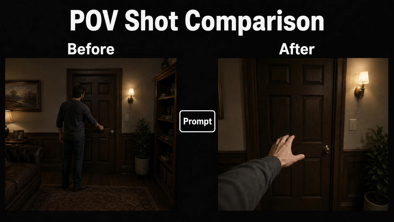 Before and after comparison of third-person framing and a first-person door-opening shot