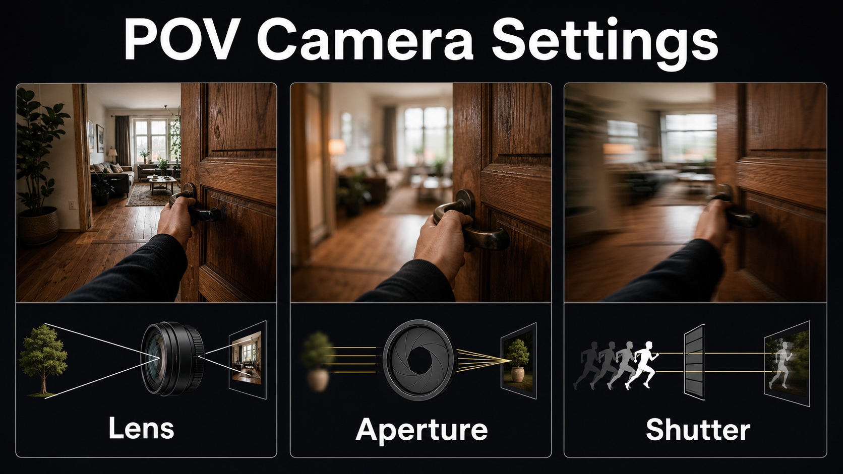 POV camera settings illustration comparing lens aperture and shutter behavior